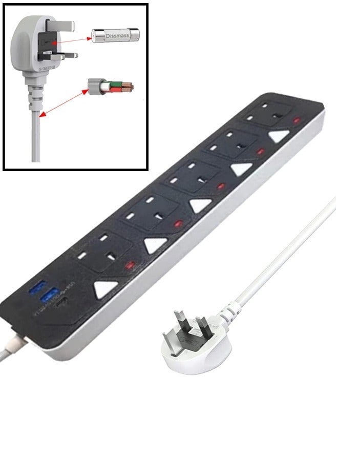 Power Max Power Extension Cord,5 meter Power Strip has 2USB 1PD Type C & 5UK Power Socket,13A Heavy Duty Extension Lead Surge Protection Extension Socket with safety shutter for Home,Office,Travel (5M-5PW-2USB-1PD) - Image 3